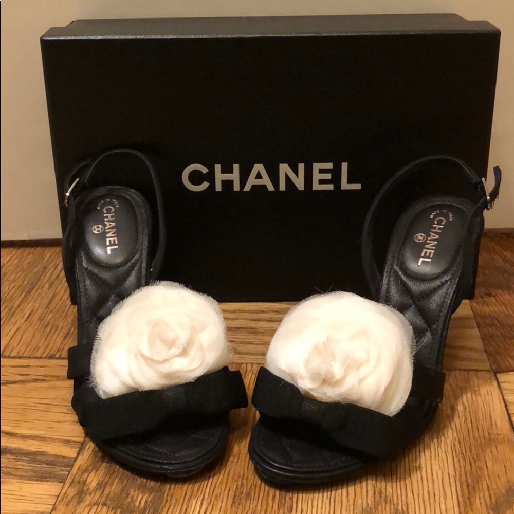 Chanel Black Bow Sandal with Camellia Flower Sz 36